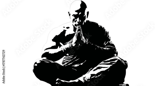 Bald man meditating in spiritual prayer pose, black and white graphic illustration of mindfulness and tranquility