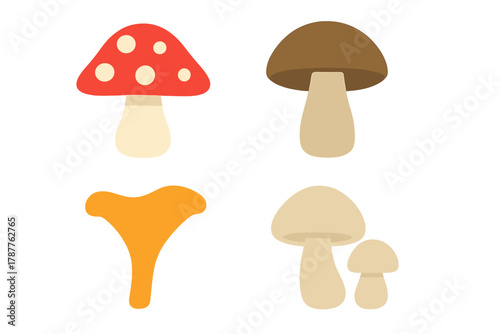 Four stylized edible and poisonous wild mushroom icons for nature design