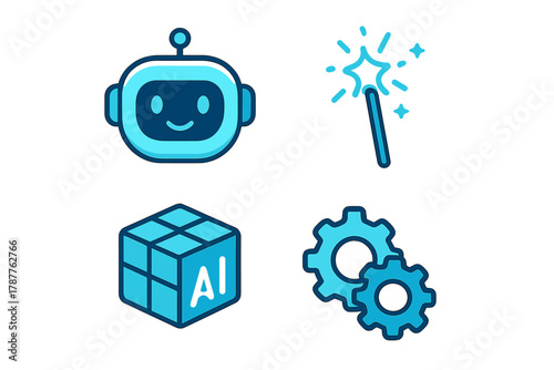 Set of blue icons representing artificial intelligence concepts and tools