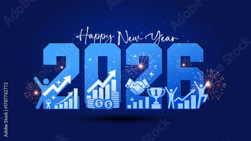 Happy New Year 2026 number with finance, business success, growth celebration icons and background vector illustration.