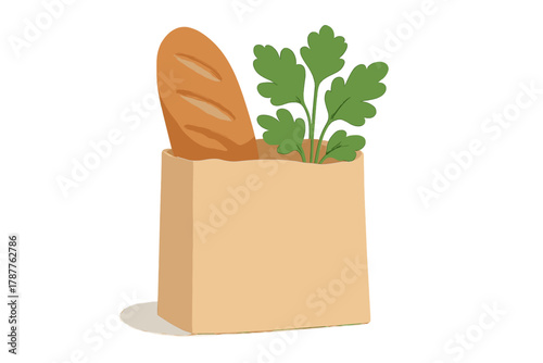 Fresh baguette and parsley in brown paper grocery sack