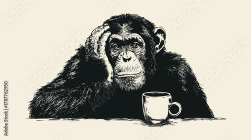 Vintage illustration of a pensive chimpanzee with a coffee mug. Thoughtful primate ink drawing, deep thinking monkey.