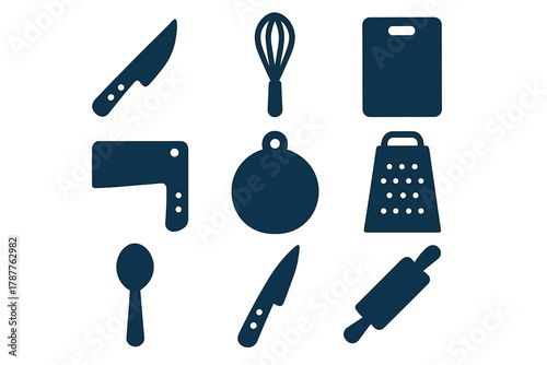 Dark blue kitchen utensil and cooking tool silhouette icons set