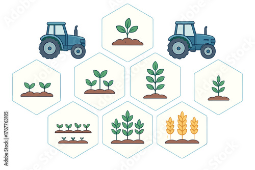 Agricultural growth stages icons featuring a modern farm tractor