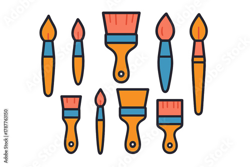 Assorted paint brushes and flat brushes icons collection
