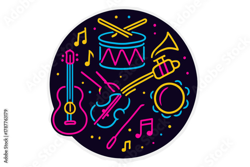 Vibrant neon circle of musical instruments and abstract notes