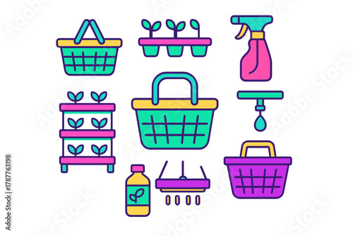 Colorful icons set for gardening and hydroponic cultivation equipment