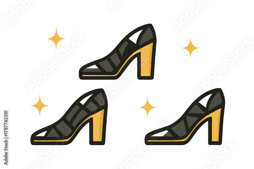 Three black and gold high heel shoes icons with sparkling accents