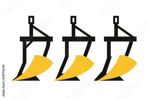Three stylized moldboard plow implements arranged in a row for tilling soil