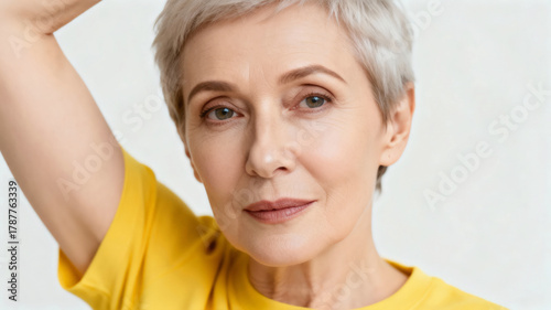Photo of happy an Slavic senior female model, short hair, wearing yellow short sleeves, looking into the camera