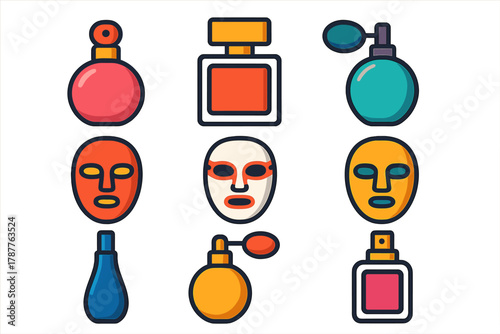 Collection of cosmetic perfume bottles and theatrical face masks icons
