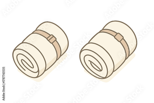 Isometric set of rolled sleeping bags with securing straps