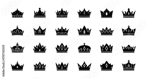 Vector art of collection of black crown icons, representing royalty, power, and leadership in various shapes and styles for graphic design