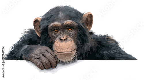 Curious chimpanzee peeking over a blank white surface, looking directly at the camera, isolated studio shot