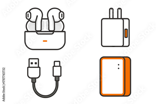 Wireless earbuds charging case power adapter USB cable and portable battery icons