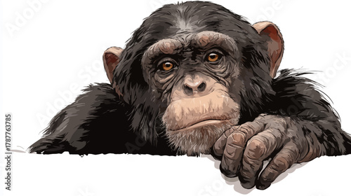 Detailed illustration of a thoughtful chimpanzee ape resting its head and looking directly at the viewer with an expressive gaze.