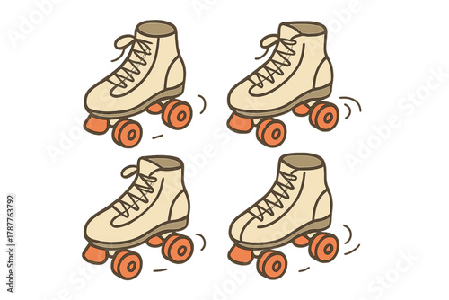 Four retro quad roller skates with bright orange wheels