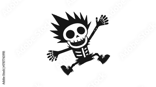 Dynamic jumping cartoon skeleton with spiky hair and grinning skull, black and white illustration, edgy graphic design element