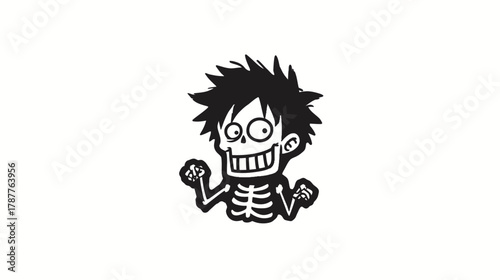 Quirky cartoon skeleton character with spiky black hair and a wide, goofy smile, expressive vector illustration for design.