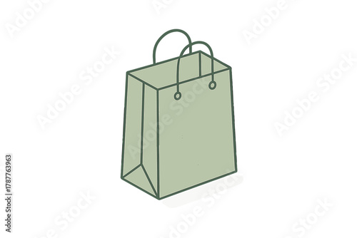 Isometric view of simple green paper shopping bag with handles