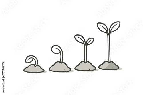 Seedling growth stages progression from soil to small plant