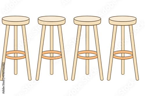 Four wooden round seat bar stools with footrests isolated on white