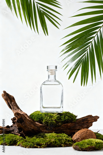 Glass bottle with transparent colorless perfume surrounded by coconuts and palm leaves