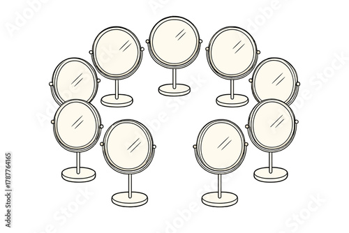 Circular vanity mirrors arranged in a semi-circle pattern