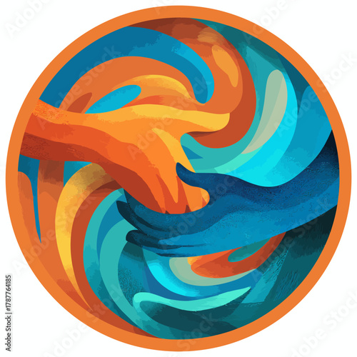 Abstract illustration of two hands connecting in a swirling orange and blue circle, symbolizing unity, partnership, and support.