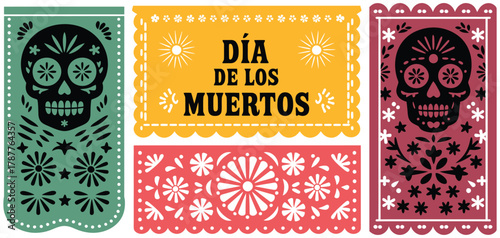 Papel picado banners for dia de los muertos celebration, traditional mexican decoration, vibrant day of the dead festival art perfect for holiday design, party decor, and cultural illustratio