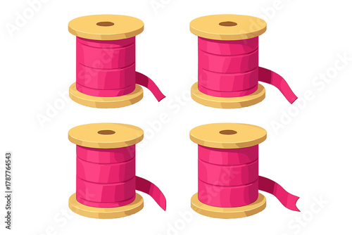 Four isometric pink thread spools with gold ends on white background
