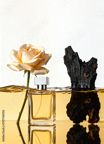 Bottle of golden perfume in water and with tree bark and roses next to it