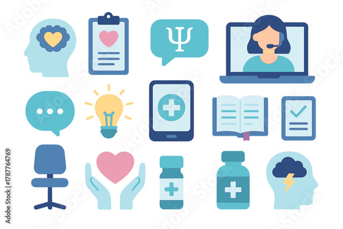 Set of flat icons for mental health therapy and psychological wellness concepts