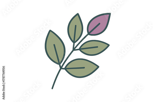 Stylized plant branch with five leaves and one unopened bud