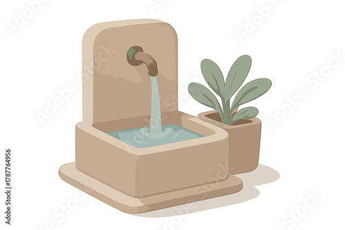 Stone water fountain with flowing water and potted succulent plant