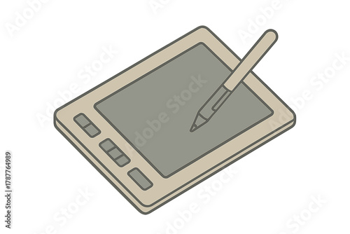 Isometric drawing tablet and stylus pen on clean white background