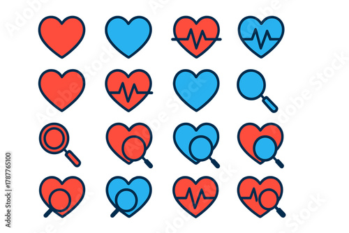 Assorted heart icons representing medical monitoring and data search concepts