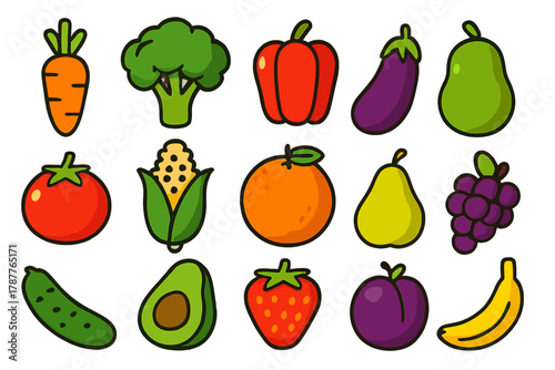 Colorful cartoon icons of assorted fresh fruits and vegetables