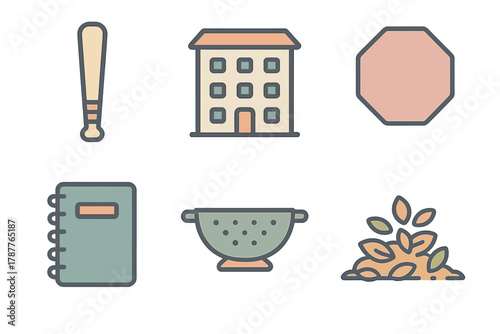 Six simple colorful icons featuring sports equipment and household objects