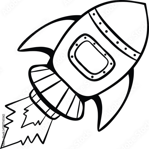 A black and white line art drawing of a cartoon rocket launching into space with flames.