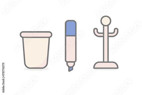 Supply icons featuring pen holder, marker, and standing coat rack