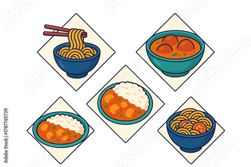 Five Stylized Bowls of Popular Asian Noodle and Curry Meals