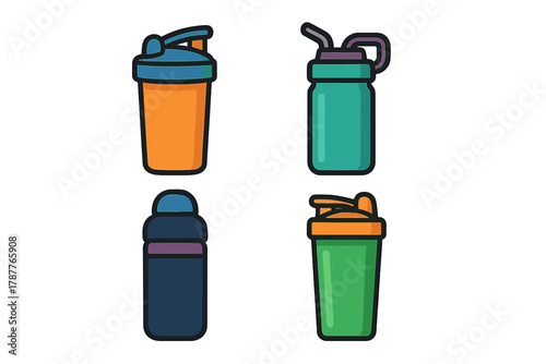 Four colorful shaker bottles and sport drink containers icons set