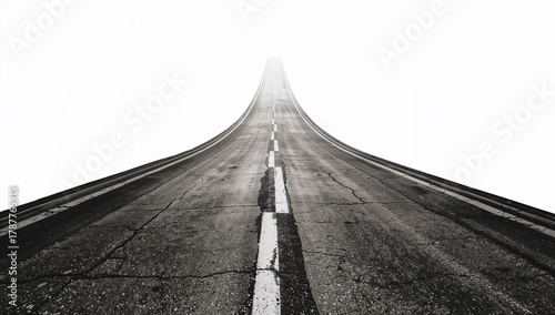 Long cracked asphalt road curving up to a distant, bright future