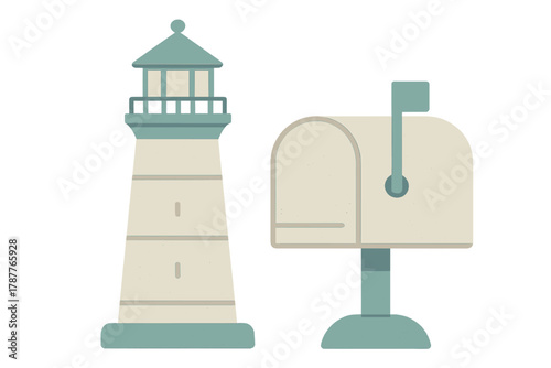 Coastal lighthouse and roadside mailbox simple icon set