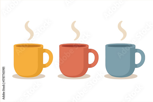 Three colorful ceramic mugs with rising steam for hot drinks