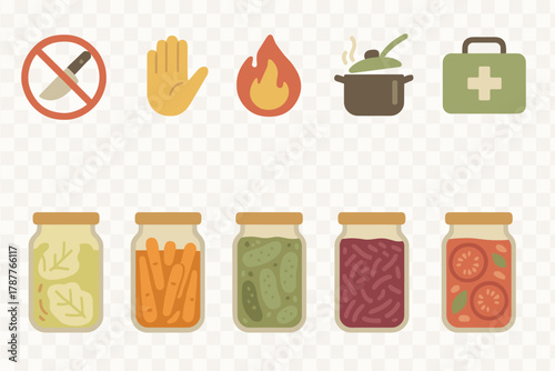 Set of food preservation icons featuring canned vegetables and safety symbols