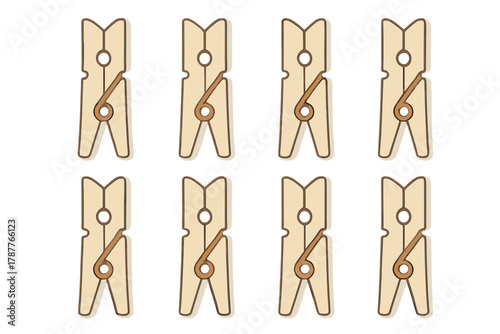 Eight wooden clothespins arranged in two neat rows