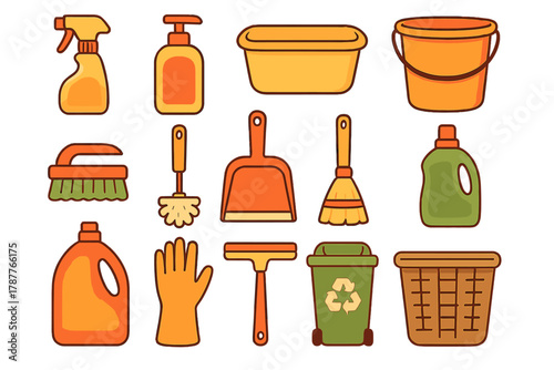Set of colorful cleaning supplies and household maintenance tools icons