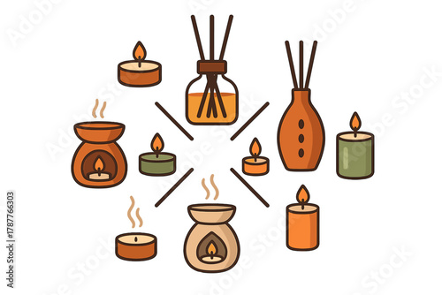 Aromatherapy diffuser and scented candle collection icons